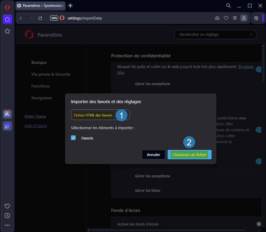 Importer des favoris avec le navigateur Opera depuis un fichier HTML