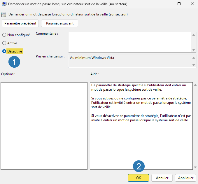 Désactiver le mot de passe en sortie de veille sur Windows 11 sur secteur avec gpedit