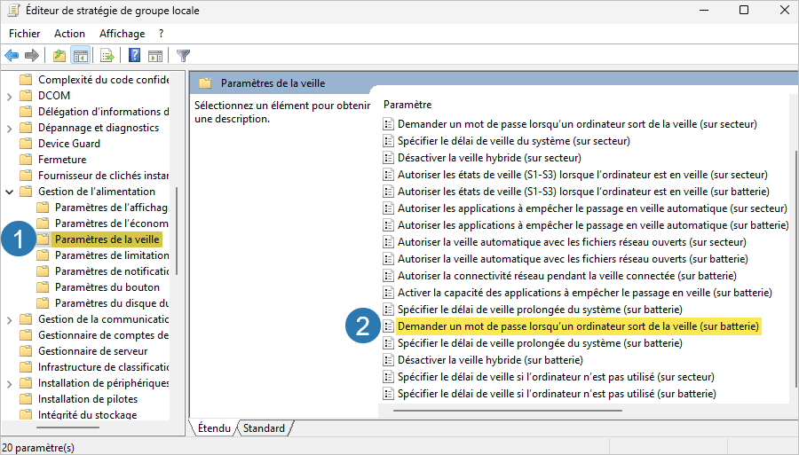 Paramètre de stratégie Demander un mot de passe lorsqu’un ordinateur sort de la veille sur batterie