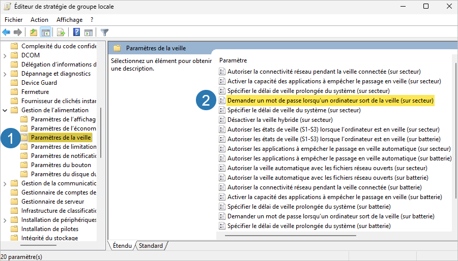 Paramètre de stratégie Demander un mot de passe lorsqu’un ordinateur sort de la veille sur secteur