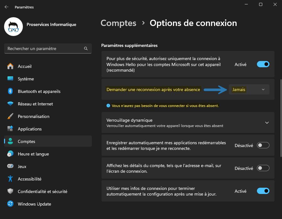 Supprimer le mot de passe en sortie de veille sur Windows 11 avec les Paramètres Windows