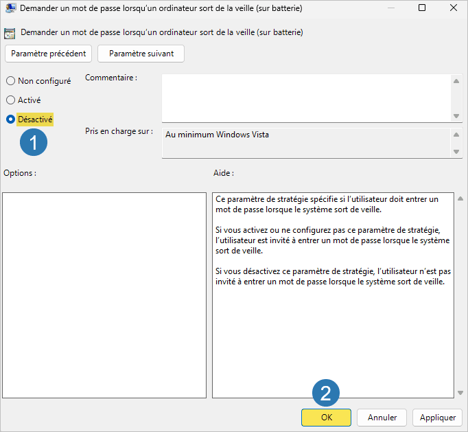 Désactiver le mot de passe en sortie de veille sur Windows 11 sur batterie avec gpedit